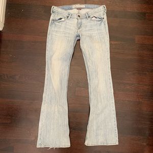Low rise, light wash flare jeans